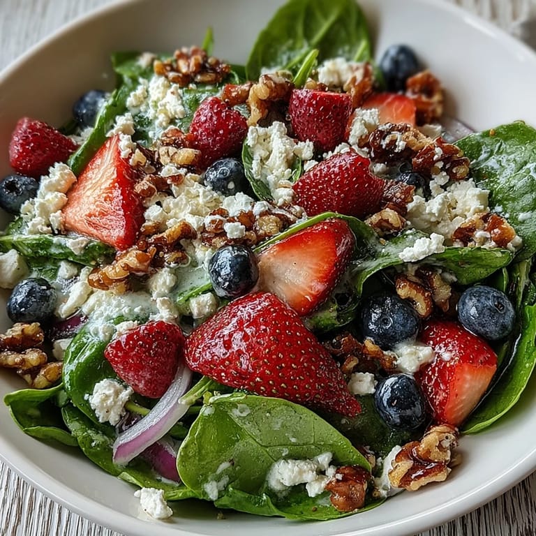 Healthy spinach and berry salad bowl featuring goat cheese, walnuts, and fresh strawberries for an easy side.