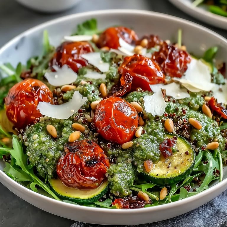 Hearty quinoa and fresh greens tossed in zesty pesto for an easy Arugula Pesto Bowl.
