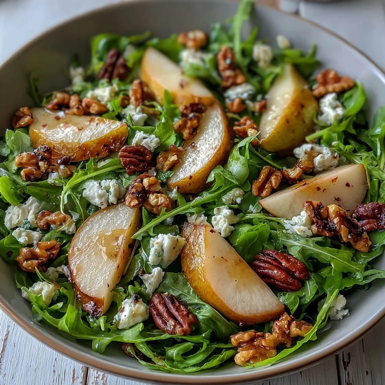 Rustic wooden table holds a vibrant Arugula and Pear Bowl with crumbled goat cheese, chopped pecans, and glistening olive oil dressing.