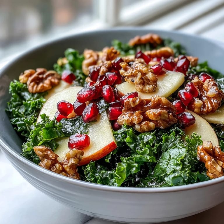 Ready in 15 minutes, this kale and pomegranate bowl features tart pomegranate seeds, sweet apple, and crunchy walnuts, perfect for a healthy, gluten-free lunch or light dinner.