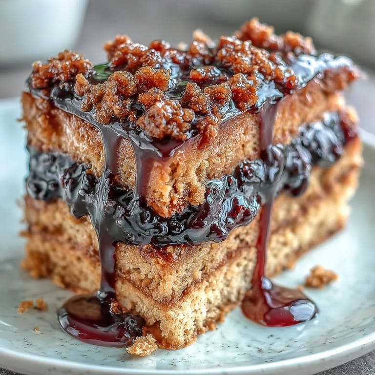 Slices of peanut butter cake reveal a hidden black currant jam layer, served on a rustic dessert plate.
