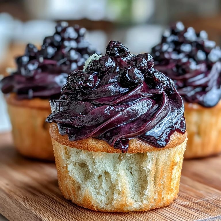 Frosted Olive Oil Cupcakes with Black Currant Frosting on a marble counter, showcasing a tangy cream cheese swirl and rustic crumbs.