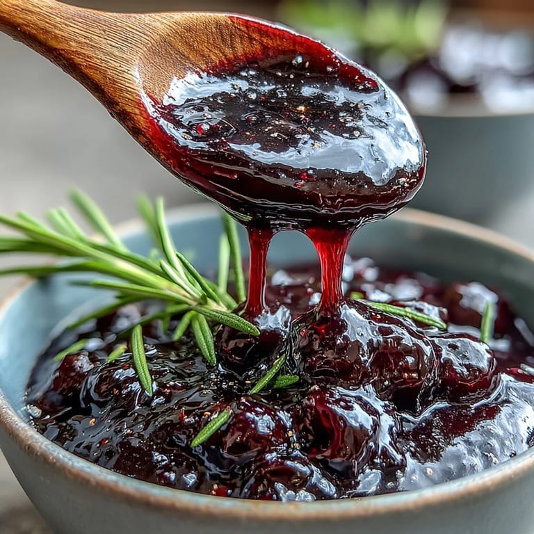 Fresh rosemary sprigs and sliced shallots frame a small bowl of rich Black Currant and Rosemary Reduction.
