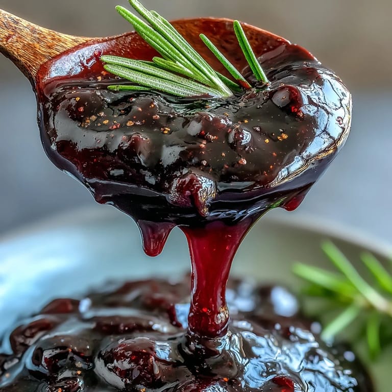 Dark, syrupy Black Currant and Rosemary Reduction glistens beside roasted game meat and a glass of red wine.