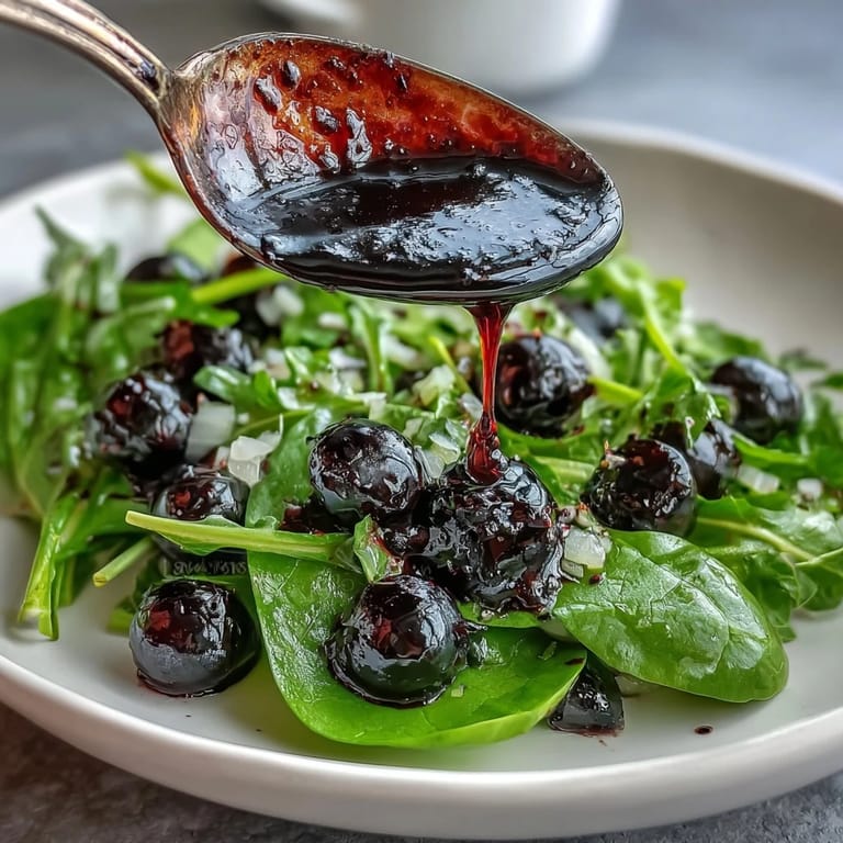 A glass cruet of homemade black currant vinaigrette sits beside vibrant salad greens.