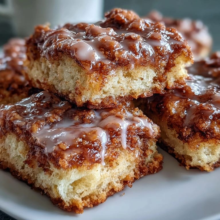 Stack of fluffy Maple Donut Bars topped with glaze, served beside a cup of coffee.
