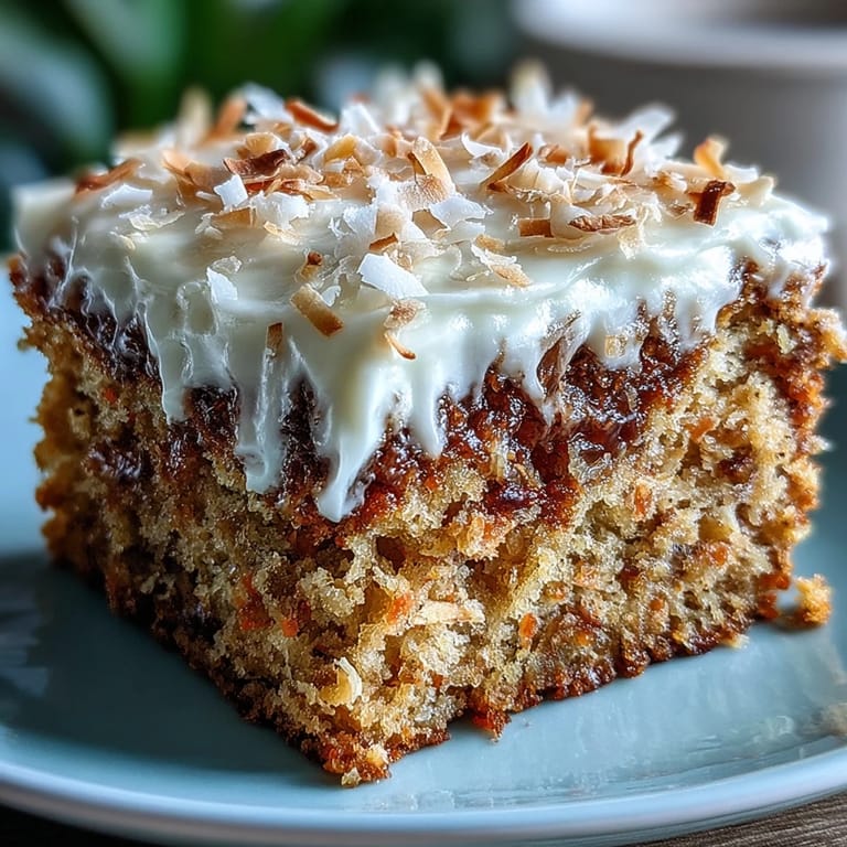 Moist slice of Christmas Hawaiian Carrot Pineapple Cake showing pineapple chunks, carrots, and creamy white frosting.