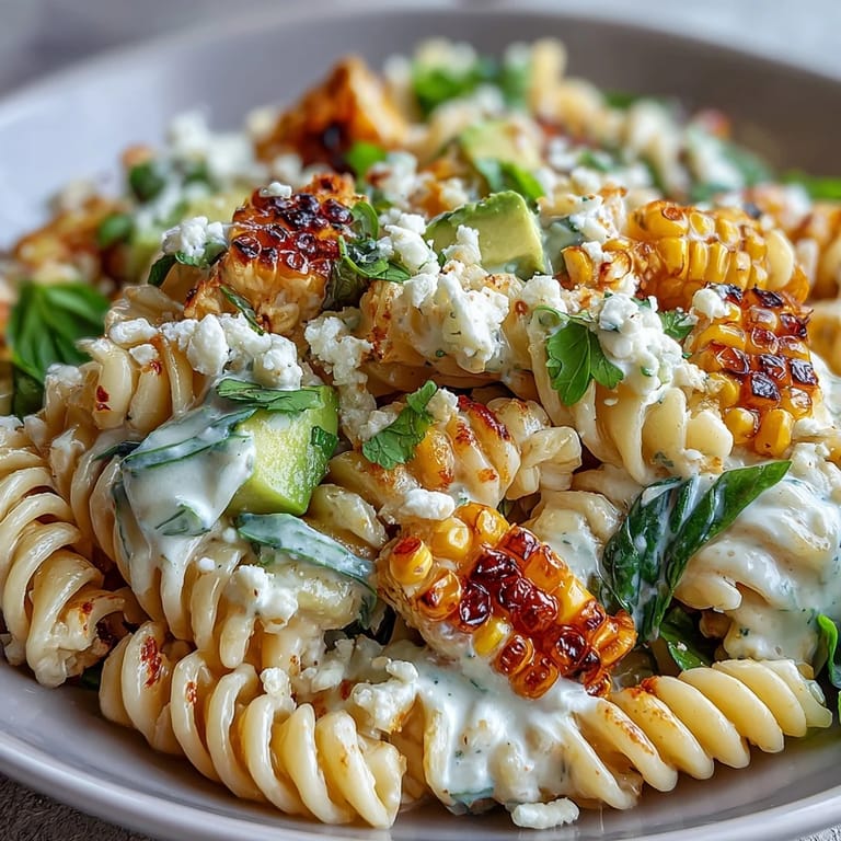 Vibrant Creamy Street Corn Pasta Salad with creamy lime mayo dressing, diced avocado, and shredded romaine on a rustic table.