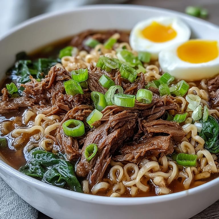 Slow Cooker Beef Ramen Noodles simmered in a rich broth with spinach, served with chopsticks on a wooden table.