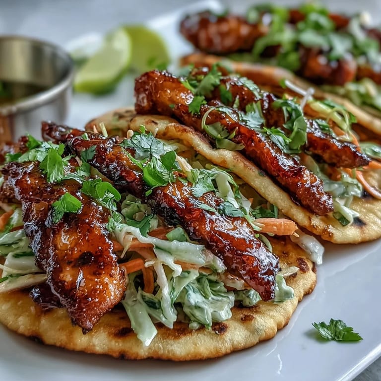 A close-up shows glossy glazed chicken strips and crunchy purple and green slaw in soft naan.