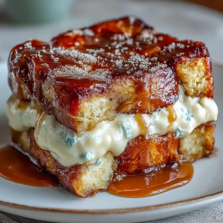 Golden brown Caramel Cream Cheese French Toast Casserole bubbling with caramel and cream cheese in a baking dish.