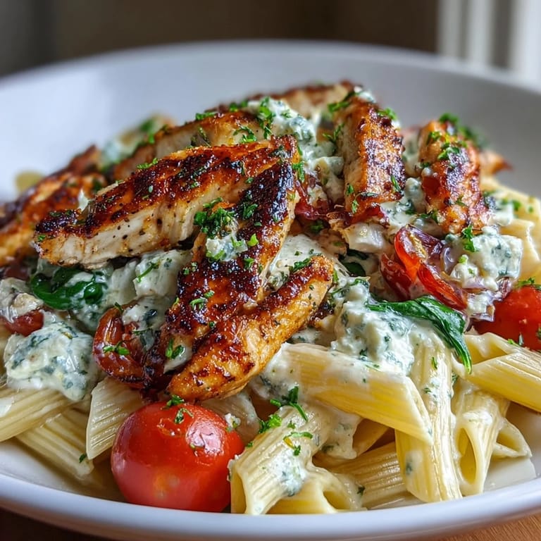 Creamy Roasted Garlic & Feta Chicken Pasta garnished with fresh parsley, served warm near a glass of white wine.