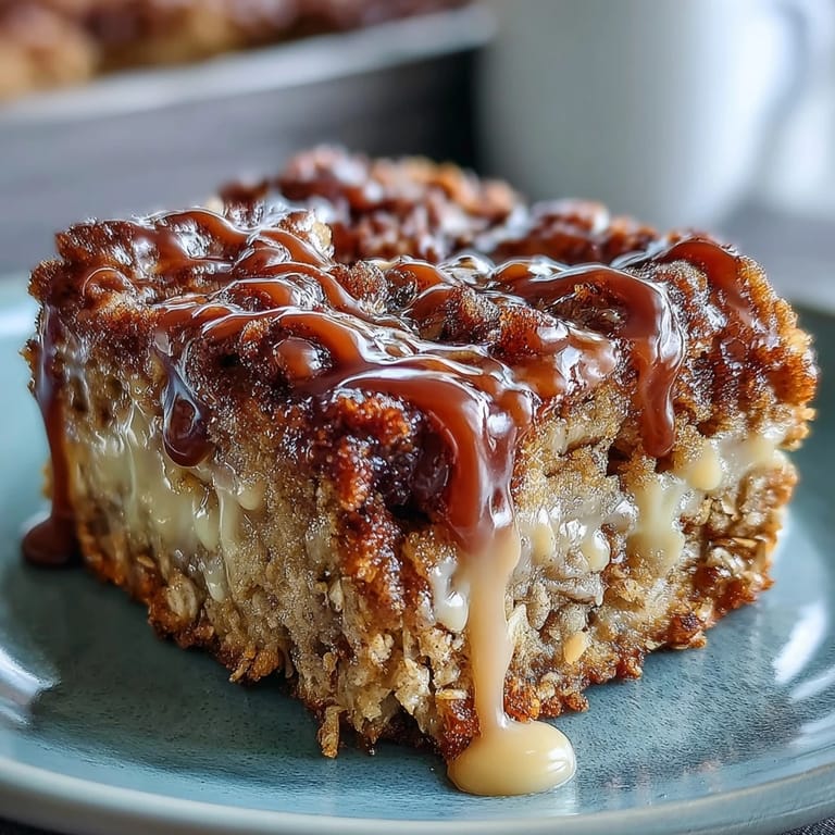 A close-up view of High-Protein Cinnamon Swirl Coffee Cake Oats, highlighting the moist baked oats, crumble texture, and rich cinnamon swirl inside.