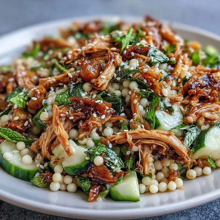 A serving of Asian Sesame Chicken Couscous Salad with shredded rotisserie chicken and toasted sesame seeds.