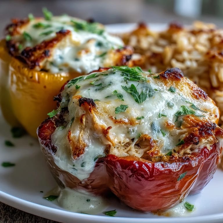 Four colorful bell peppers filled with garlicky chicken and rice, topped with melted Parmesan.