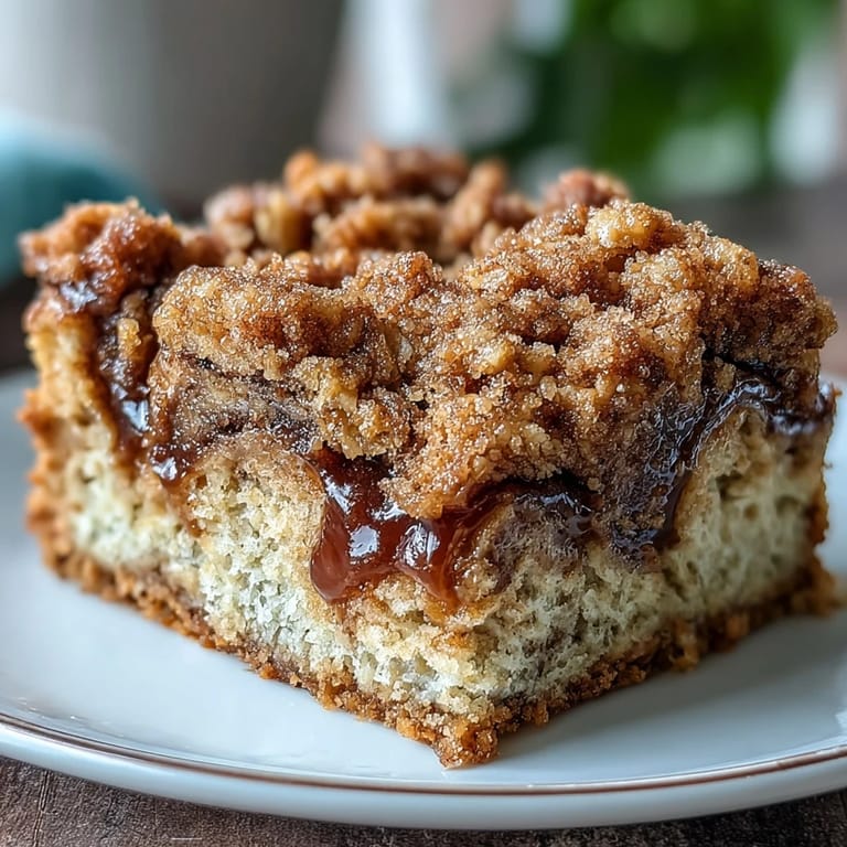 High-Protein Cinnamon Swirl Coffee Cake Oats fresh from the oven featuring a golden streusel topping.
