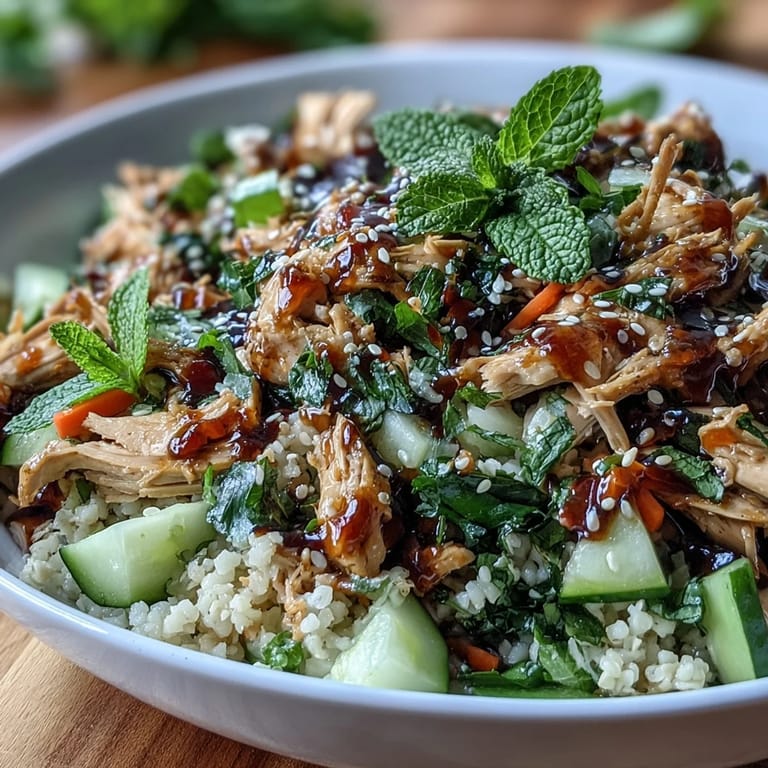A close-up of the Asian Sesame Chicken Couscous Salad reveals golden couscous, shredded chicken, and crisp veggies coated in a savory glaze. Fresh cilantro leaves and lime wedges add a bright, inviting finish.