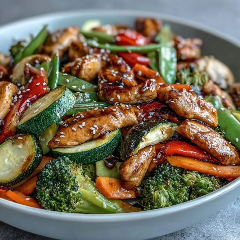 Close-up of High-Protein Chicken and Veggie Stir-Fry featuring snap peas, broccoli, and carrots, garnished with fresh green onions.