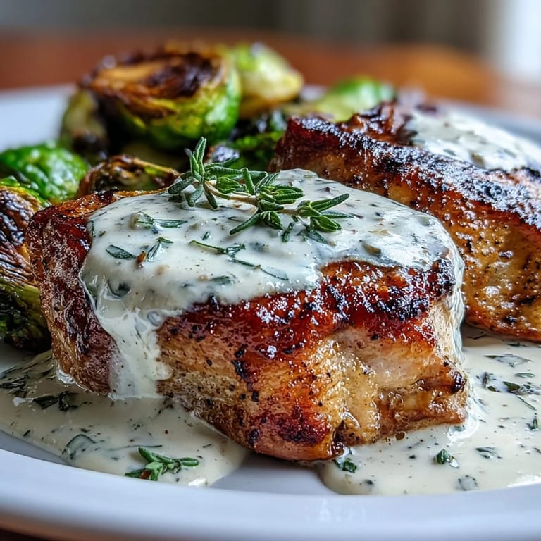Succulent pork chops drizzled with tangy Dijon cream, garnished with fresh parsley and thyme.