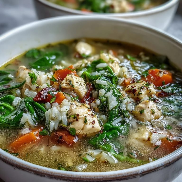 One-Pot Lemon Chicken Rice Soup with Veggies served in a white bowl, garnished with fresh parsley and lemon slices. 