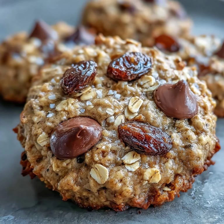 Warm, golden Vegan Banana Oat Breakfast Cookies studded with walnuts and oats on a rustic wooden table.