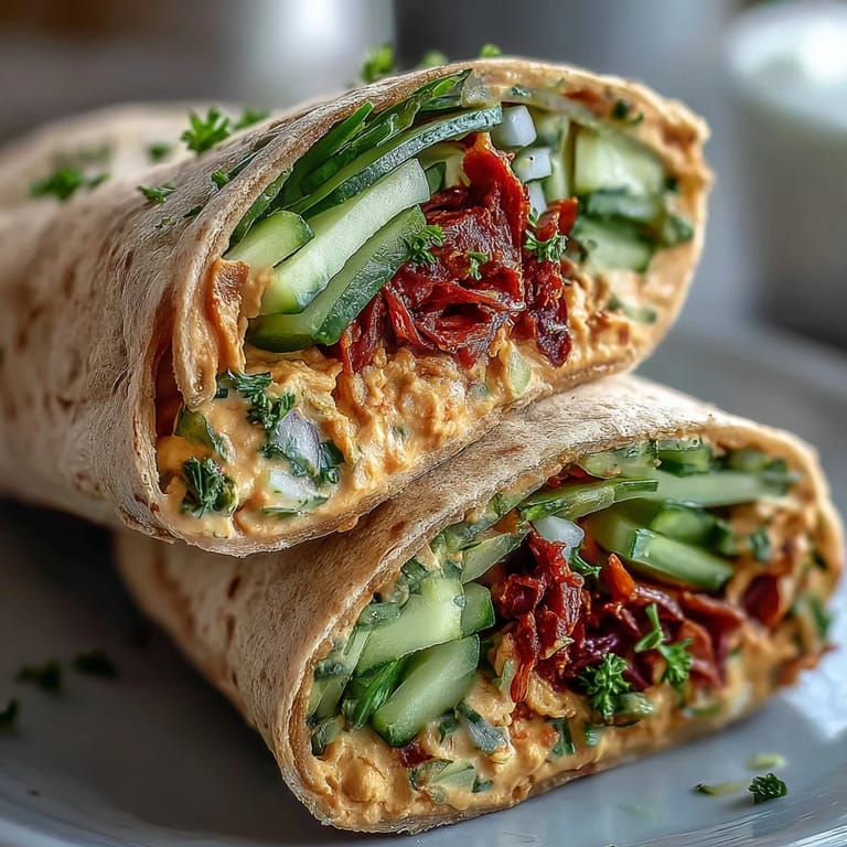 Creamy Vegan Sun-Dried Tomato Hummus Veggie Wraps on a plate, garnished with fresh parsley, ready for a healthy lunch.