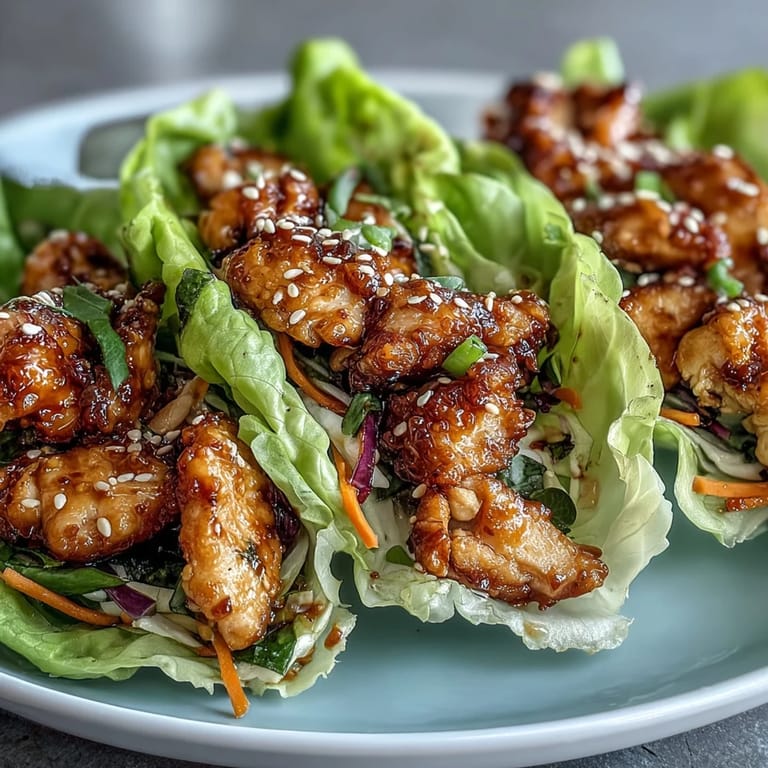 Juicy ground chicken with ginger, garlic, and soy sauce, pan-seared until caramelized, tucked into crisp lettuce boats.  