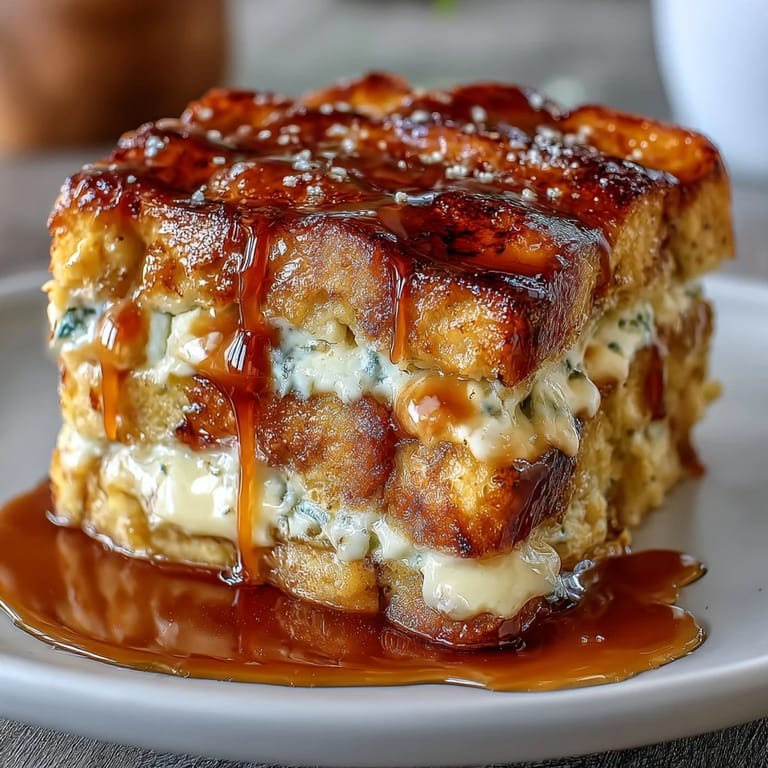 Crowd-pleasing French toast bake with layers of buttery brioche, smooth cream cheese, and luscious caramel, ideal for special breakfast occasions.