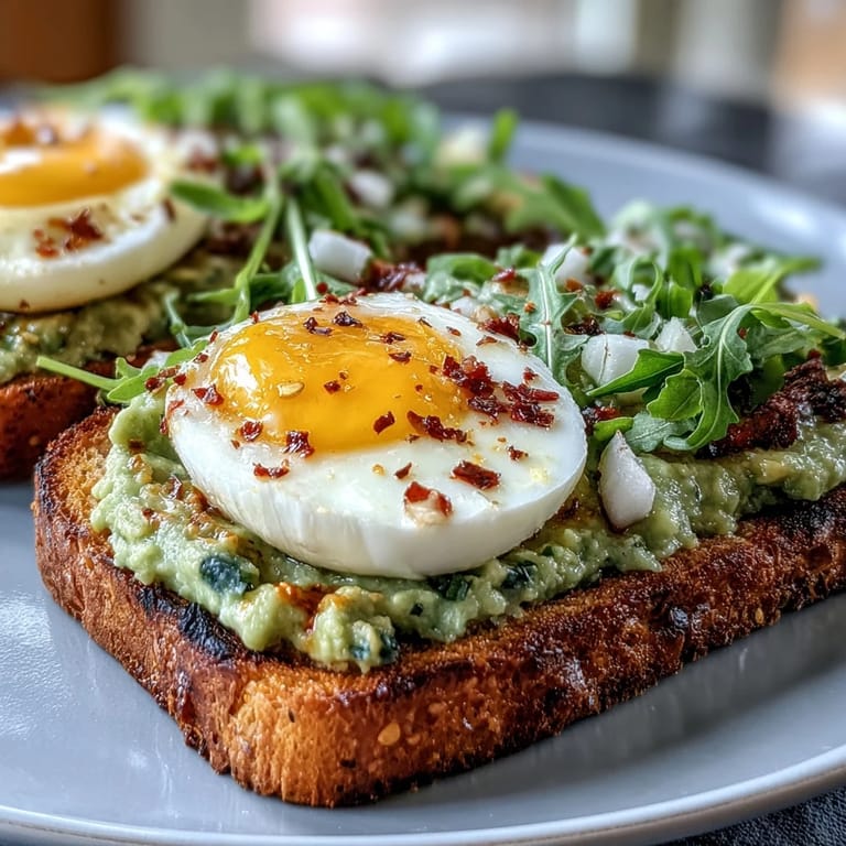 Wholesome open-faced toast with ripe avocado, sliced egg, vibrant microgreens, and a hint of chili heat, perfect for a light lunch.