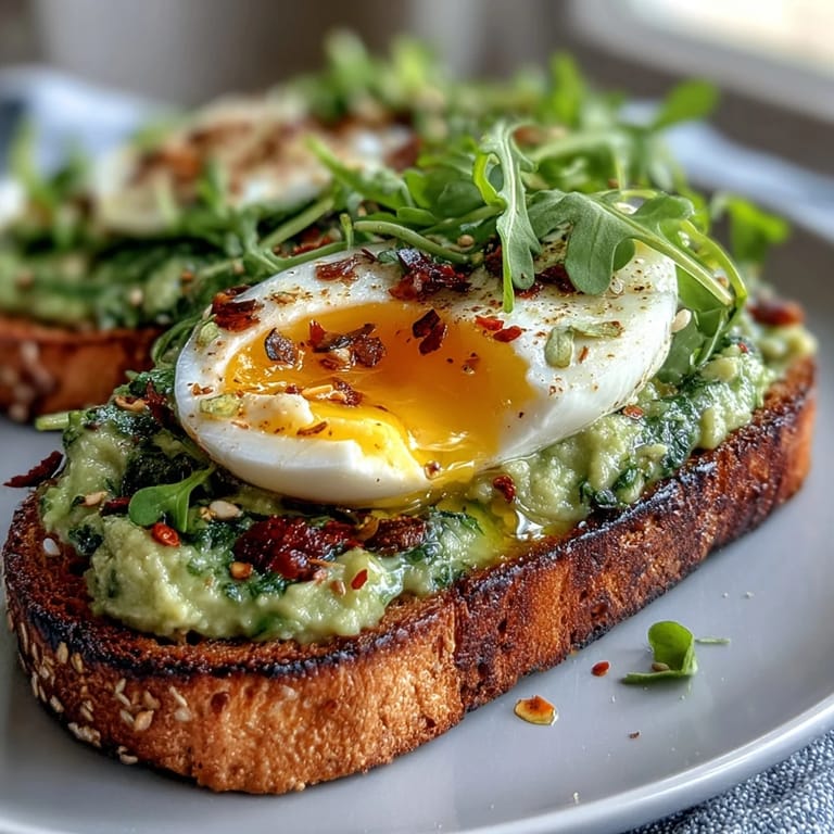 Rustic sourdough toast layered with mashed avocado, halved egg, peppery microgreens, and chili flakes, drizzled with olive oil for extra flavor.