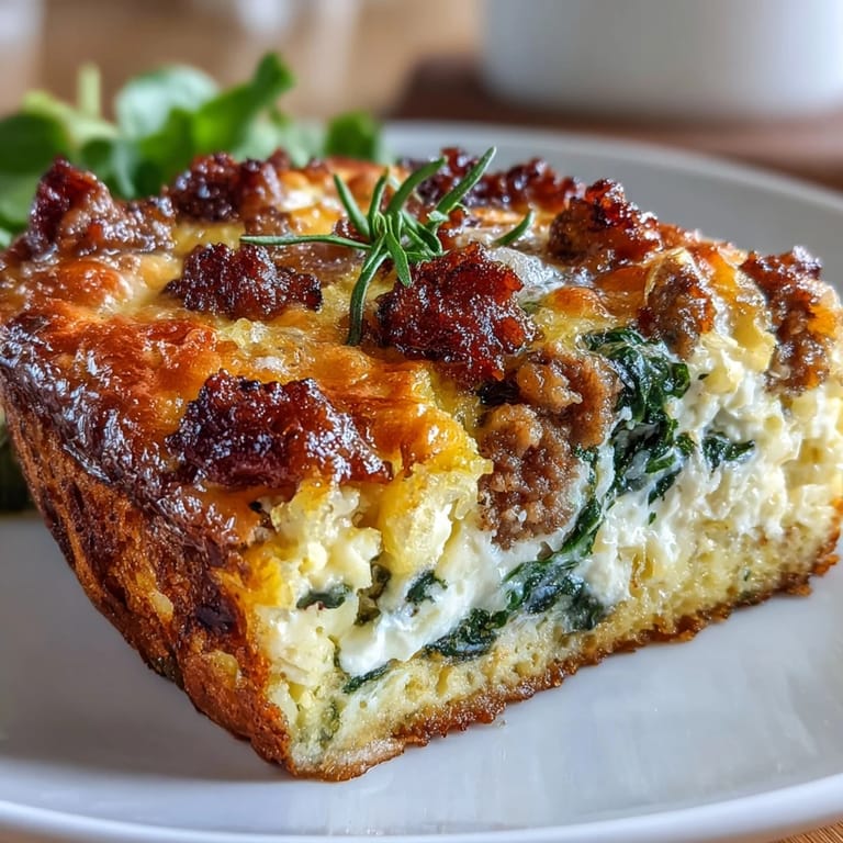 Warm, cheesy keto breakfast casserole featuring savory sausage, eggs, and fresh spinach—perfect for busy mornings.