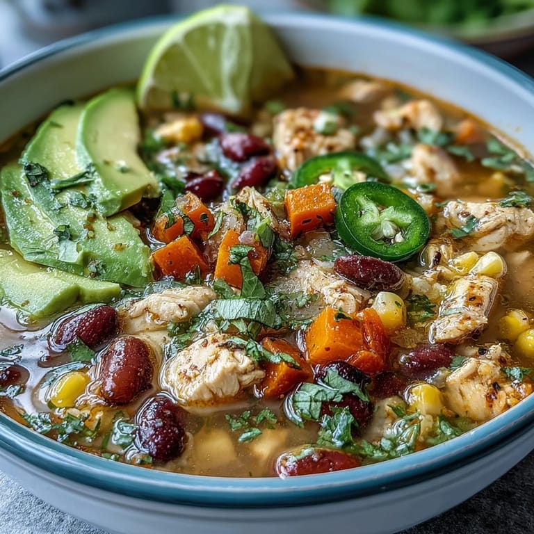 A steaming bowl of high-protein chicken taco soup filled with tender chicken, veggie confetti, and bold taco spices, served with warm corn tortillas for a satisfying, healthy dinner.