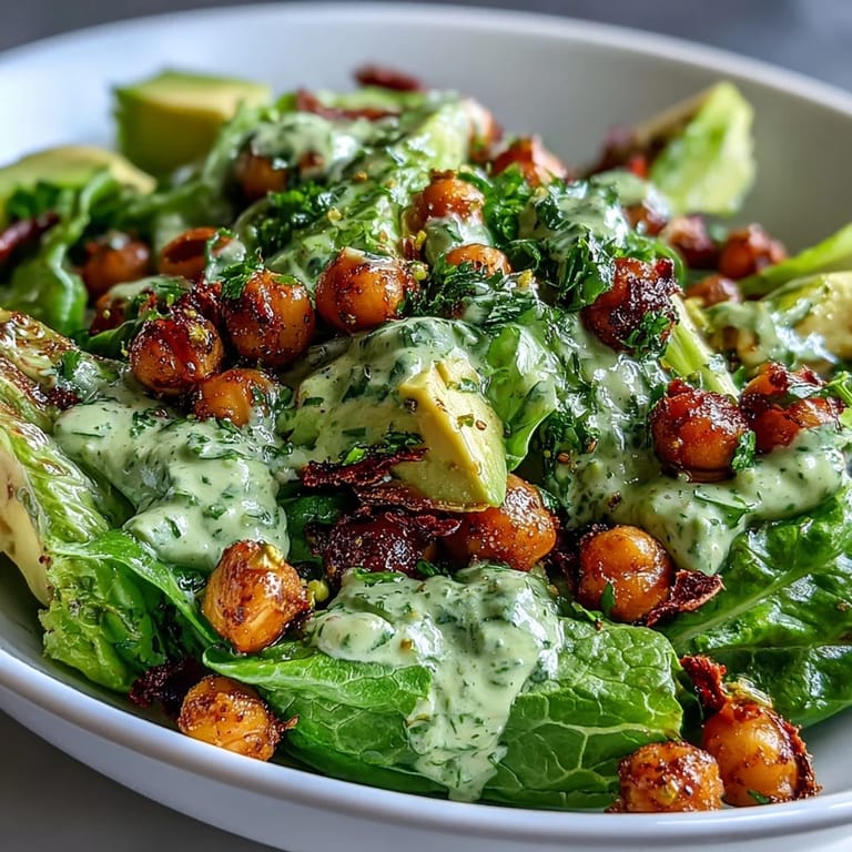 Creamy avocado and golden crispy chickpeas top this colorful Pistachio Green Goddess Salad with a vibrant herb-infused dressing and fresh vegetables.