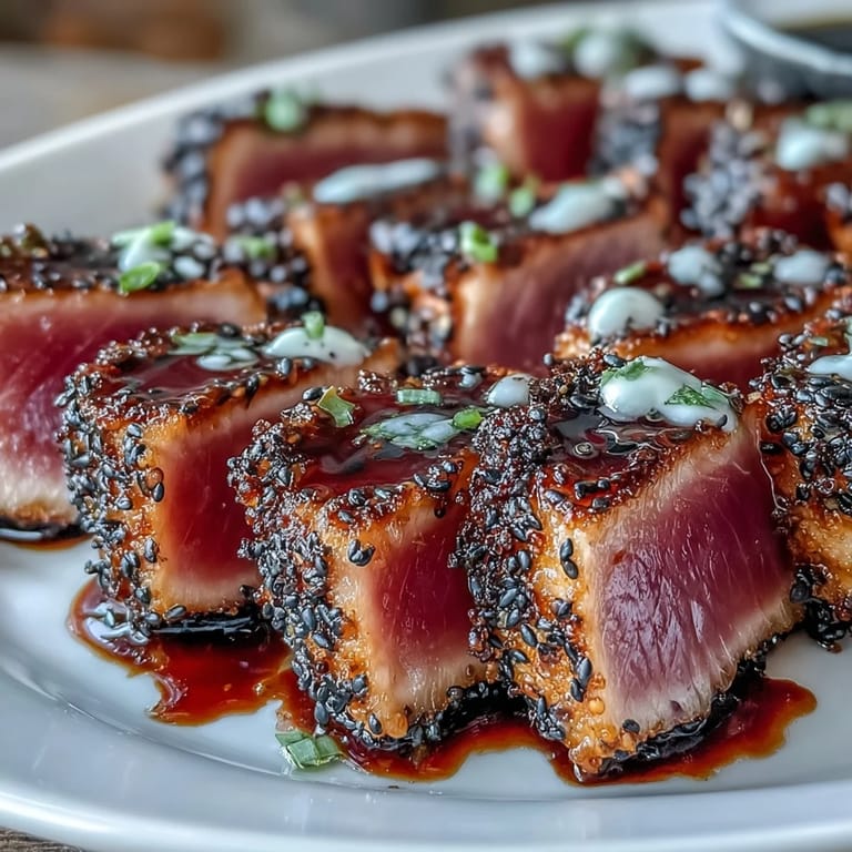 Black sesame seed crusted tuna, pan-seared rare and served with a zesty wasabi mayonnaise, garnished with fresh scallions and lemon.