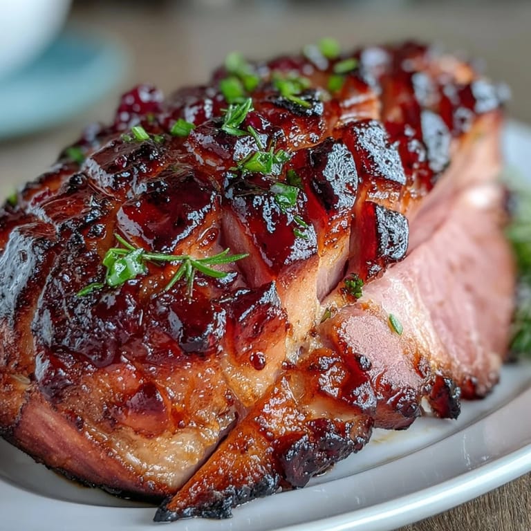 A festive main dish featuring a succulent ham glazed with black currant jam and Dijon mustard.  