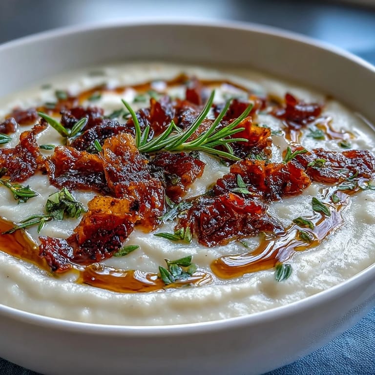 Velvety white bean soup with smoky bacon, rosemary, and a drizzle of olive oil, served with crusty bread for dipping.  