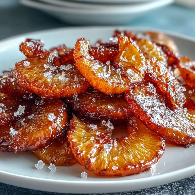 Sweet and glossy candied orange slices simmer gently in syrup, ideal for enhancing cakes, tarts, or yogurt.  