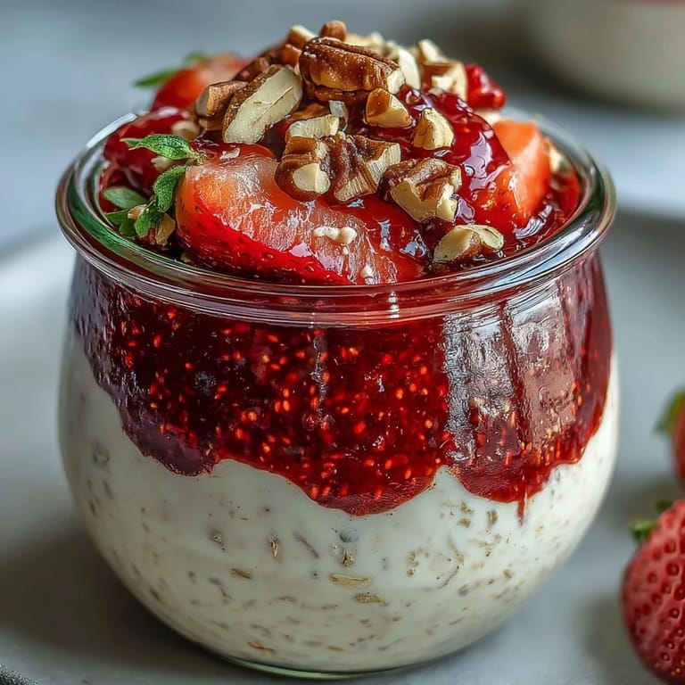 Rich and creamy oats paired with bright strawberry chia jam, ideal for busy mornings.