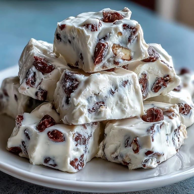 Broken pieces of high-protein cottage cheese and Greek yogurt bark with chocolate chips and nuts on a parchment-lined tray.