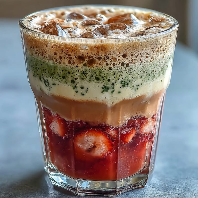Refreshing strawberry matcha latte with dairy-free oat milk foam and vibrant fruit layers.