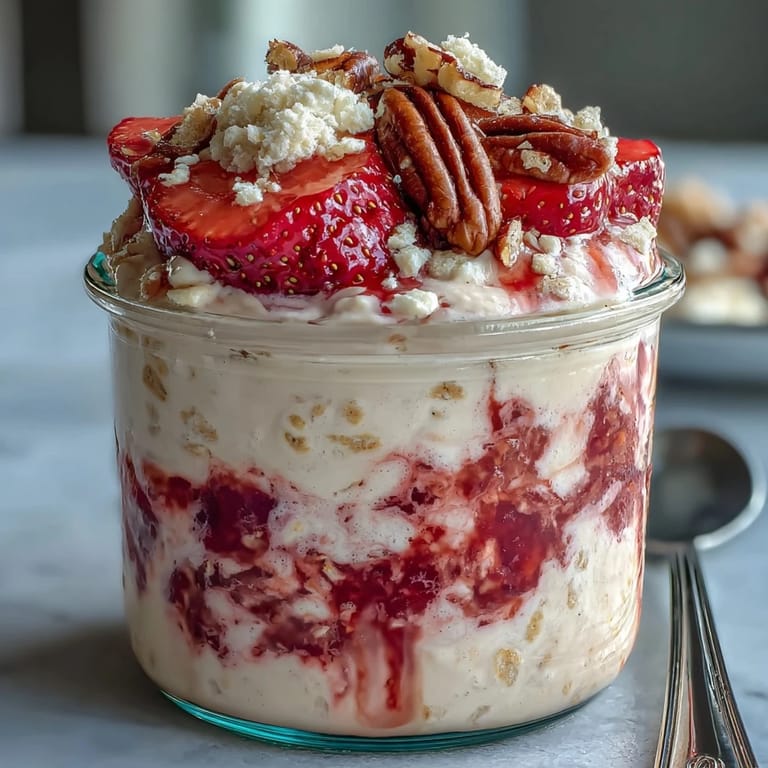 Make-ahead strawberry cheesecake overnight oats with creamy layers, juicy berries, and graham cracker crumble, served in a rustic mason jar.