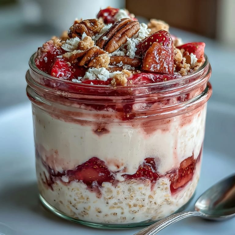 Creamy strawberry cheesecake overnight oats layered with fresh berries, Greek yogurt, and a graham cracker crunch for a wholesome breakfast treat.