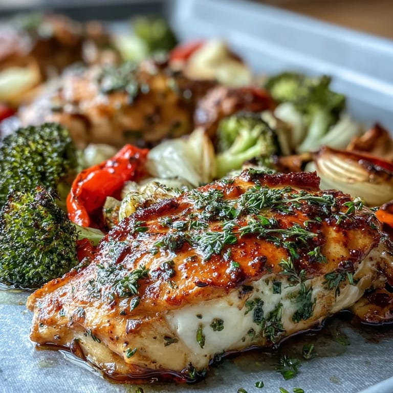 Easy one-pan Healthy 5-Ingredient Sheet Pan Chicken and Veggies meal featuring tender chicken and colorful caramelized veggies.  
