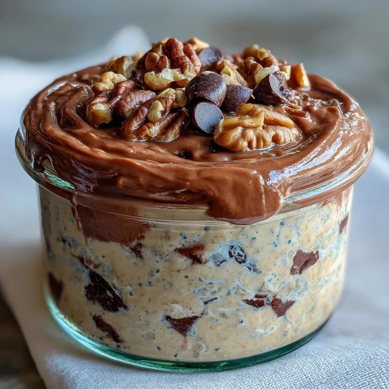 Creamy overnight oats with vanilla protein powder and chia seeds, garnished with mini chocolate chips and nuts for added crunch.