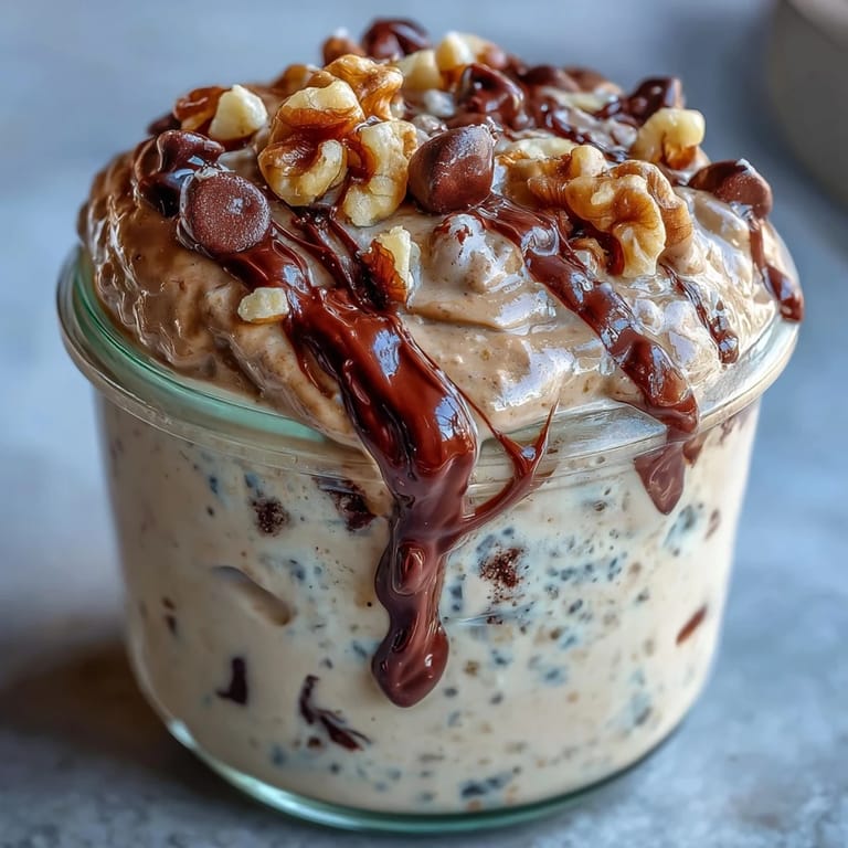 High-protein overnight oats layered with Greek yogurt, chocolate chips, and almond butter, perfect for a nutritious morning treat.