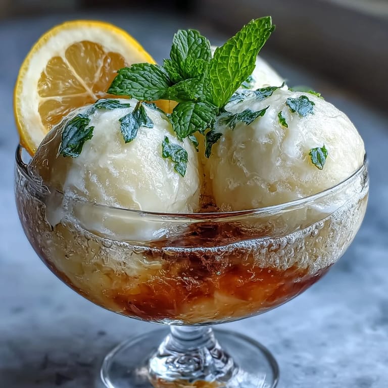 Elegant Limoncello Sorbet Floats: A scoop of lemon sorbet drizzled with limoncello, topped with bubbly lemon water, and finished with a lemon slice.
