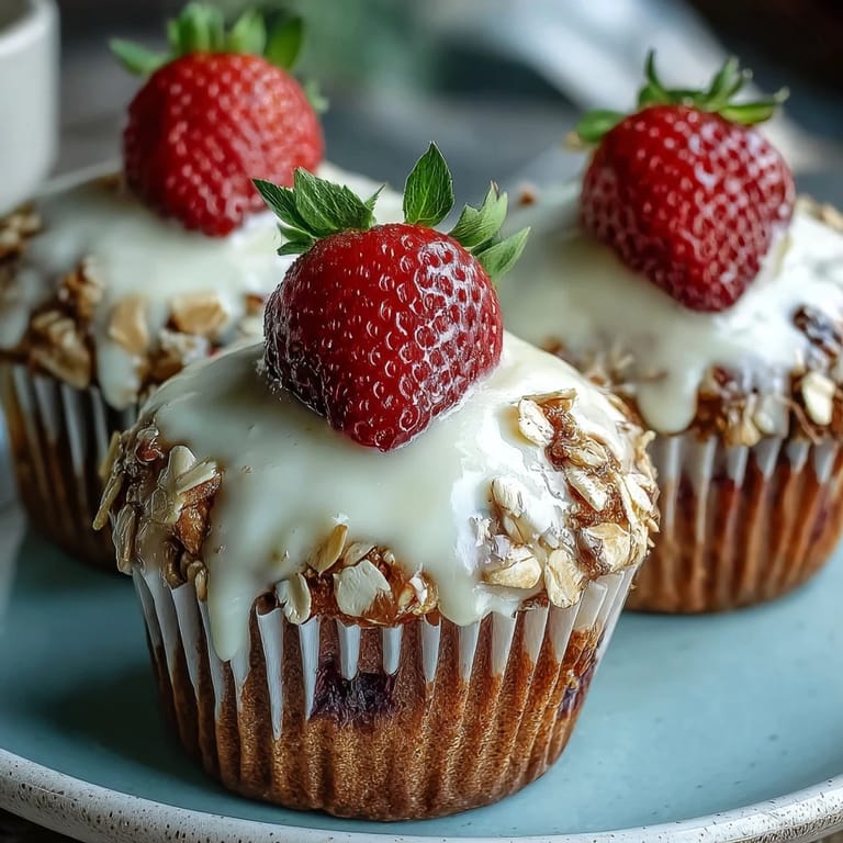 Golden strawberry muffins with Greek yogurt and oats, bursting with juicy fruit and hearty texture.