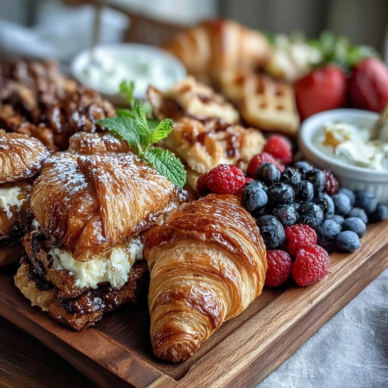 Vibrant brunch spread featuring assorted mini croissants, colorful fruit, and sparkling mimosas—perfect for a cheerful Mothers Day gathering.