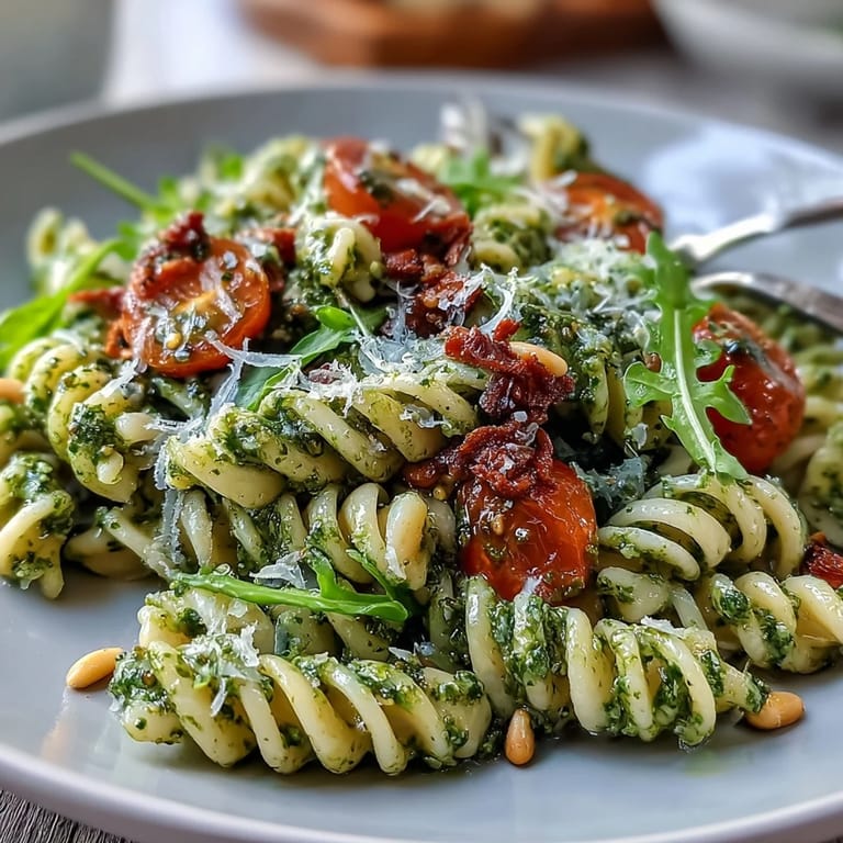 Freshly made pasta salad with homemade basil pesto, juicy cherry tomatoes, and arugula—ideal for picnics or light lunches.