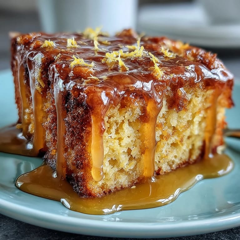 Fluffy cake infused with dandelion honey and lemon zest, topped with glossy citrus glaze.  